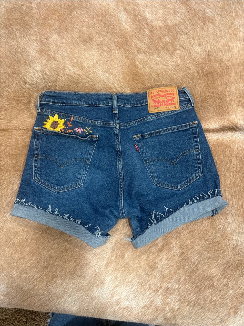 Levi's Blue Denim Shorts with Sunflower Pocket Embroidery